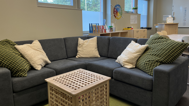 Grå soffa med kuddar och ett litet soffbord.